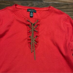 Ralph Lauren Jeans Blouse Top Medium Orange Red with Leather Lace Up 100% Cotton